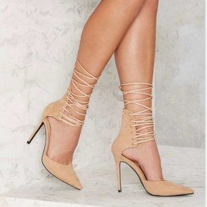 Nasty Gal Raft Heel Womens 7.5 Beige Sexy Ankle Tie Lace Up High Pointed Toe